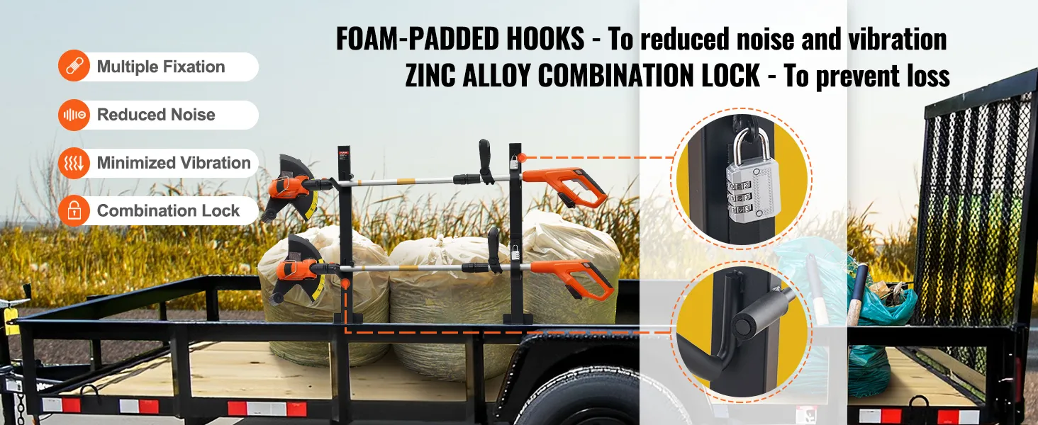 VEVOR trimmer rack on trailer with foam-padded hooks, zinc alloy combination lock, and reduced vibration.