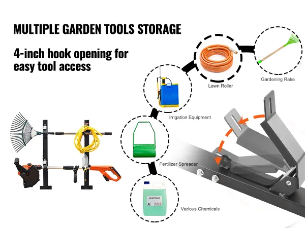 VEVOR trimmer rack with multiple garden tools storage, 4-inch hook opening for easy tool access.