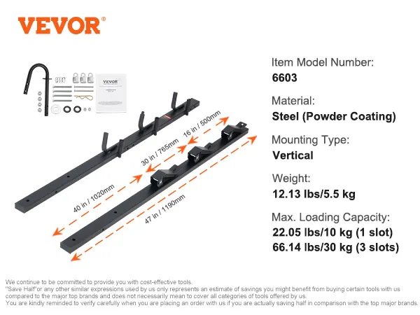 VEVOR trimmer rack, vertical mount, steel powder coating, weight 12.13 lbs, 3 slots, model 6603.