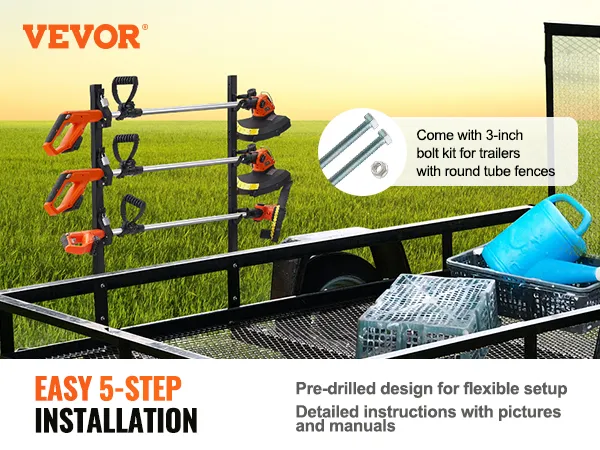 VEVOR trimmer rack showing three mounted trimmers on a trailer with a green field background.