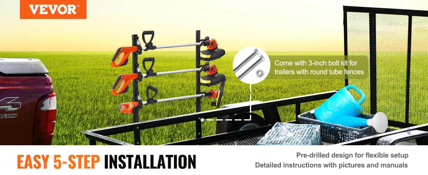 VEVOR trimmer rack showing three mounted trimmers on a trailer with a green field background.
