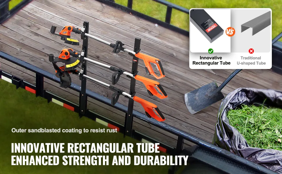 VEVOR trimmer rack with innovative rectangular tube design, sturdy construction, and sandblast coating.