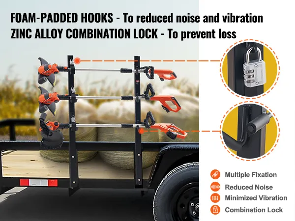VEVOR trimmer rack on trailer with foam-padded hooks, combination lock, and minimized vibration features.