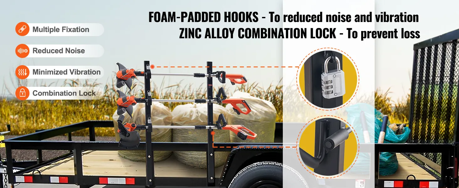 VEVOR trimmer rack on trailer with foam-padded hooks, combination lock, and minimized vibration features.