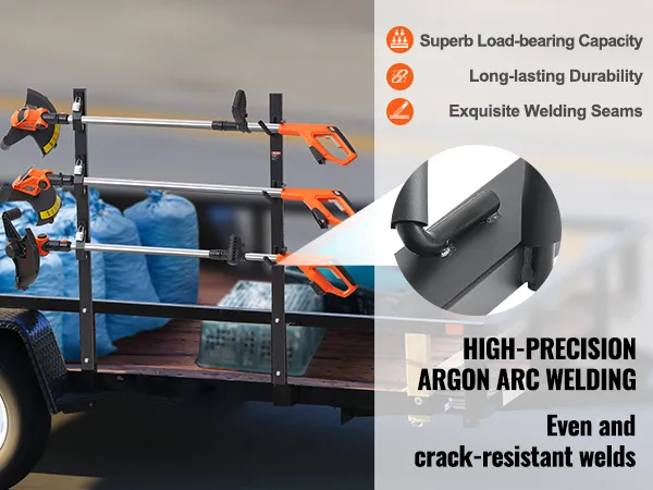 VEVOR trimmer rack holds three trimmers on a trailer, highlighting its superb load-bearing capacity.