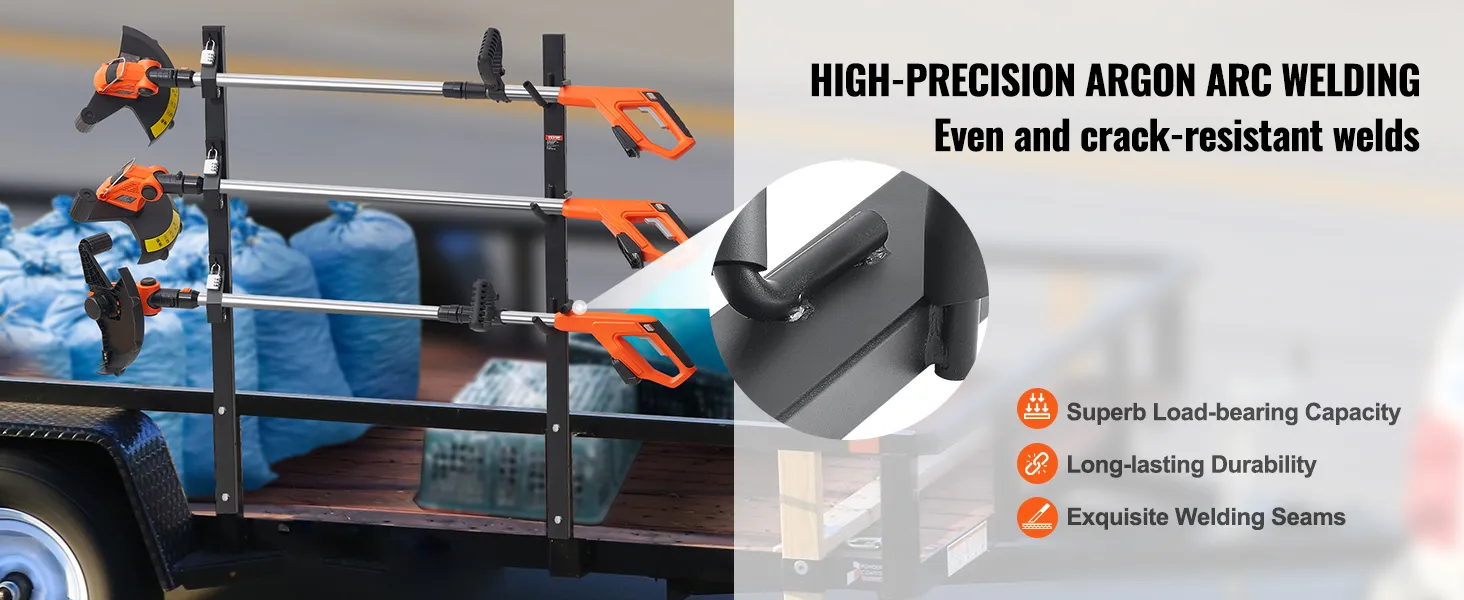 VEVOR trimmer rack holds three trimmers on a trailer, highlighting its superb load-bearing capacity.