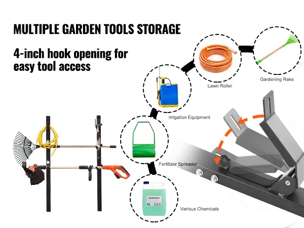 multiple garden tools stored on a VEVOR trimmer rack with 4-inch hook opening for easy access.