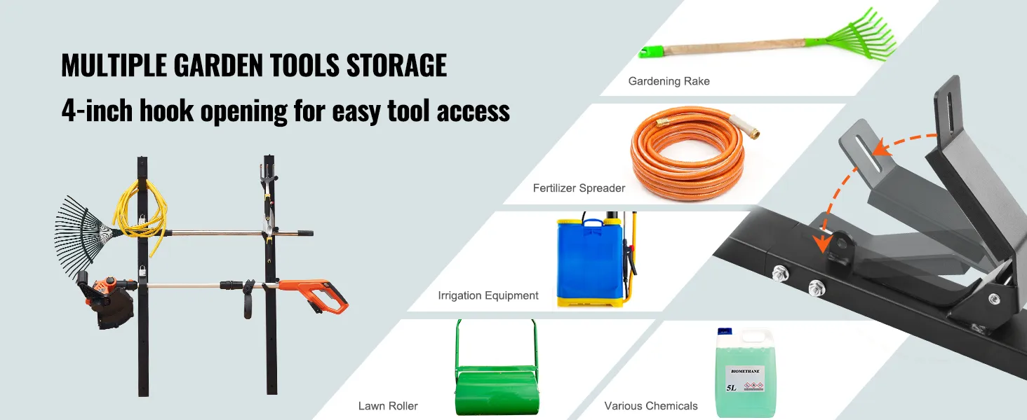 multiple garden tools stored on a VEVOR trimmer rack with 4-inch hook opening for easy access.