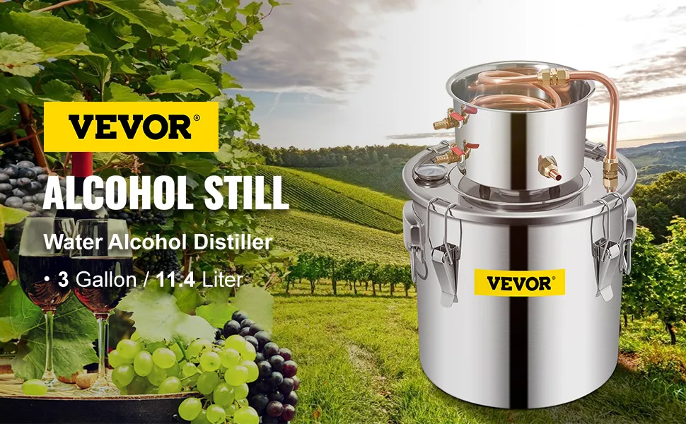 VEVOR water alcohol distiller next to vineyard with grapes and wine glasses.