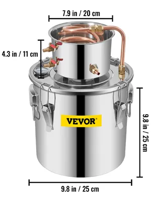 VEVOR water alcohol distiller with stainless steel design and dimensions.