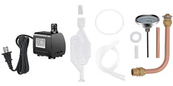 VEVOR water alcohol distiller components with a pump, thermometer, and copper tubing.
