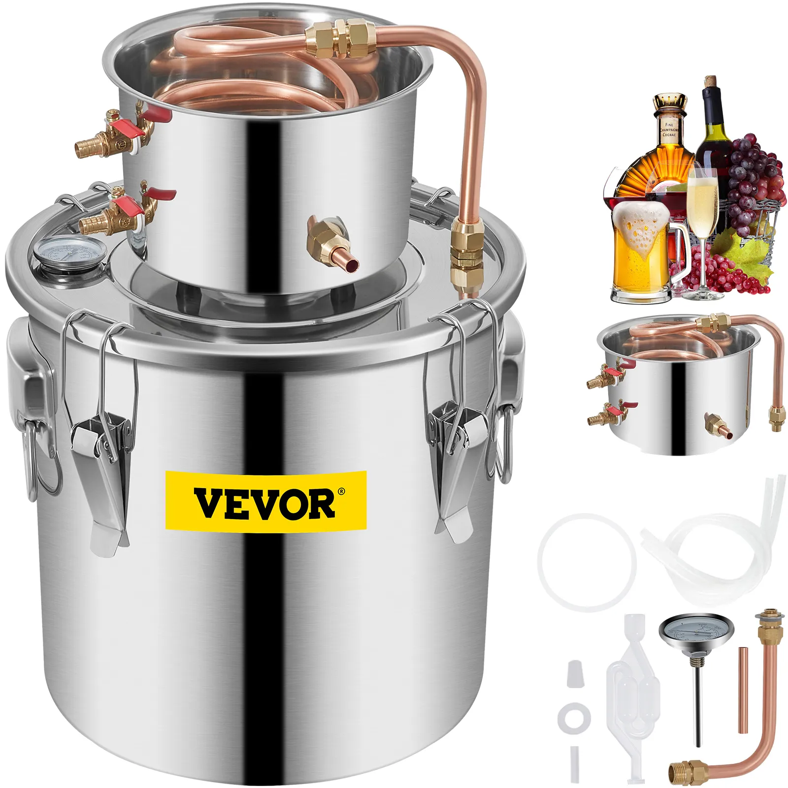 VEVOR water alcohol distiller with stainless steel kettle and copper coil.