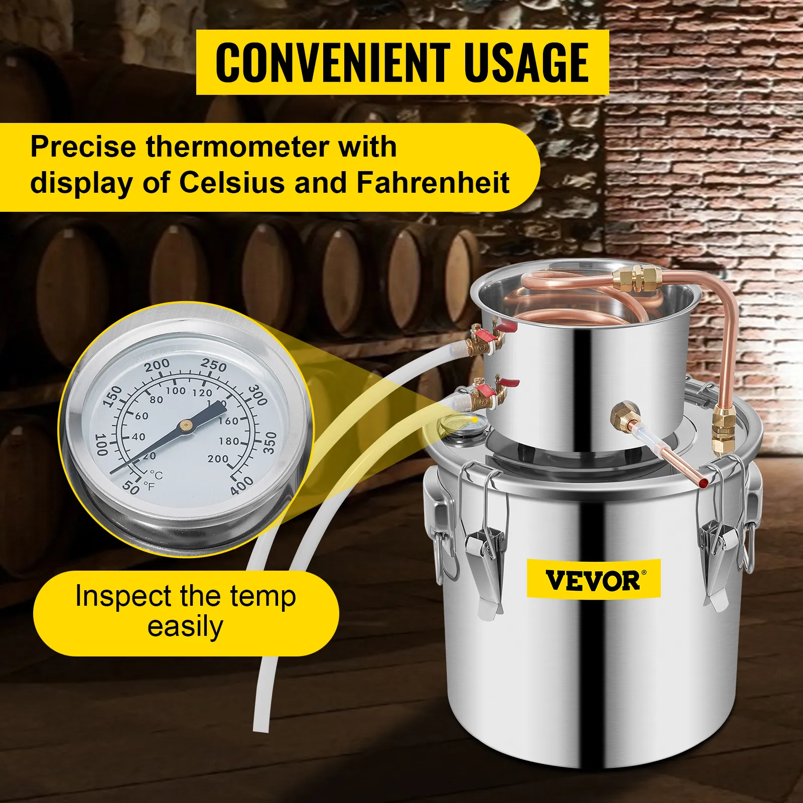 VEVOR water alcohol distiller with precise thermometer in a rustic setting.