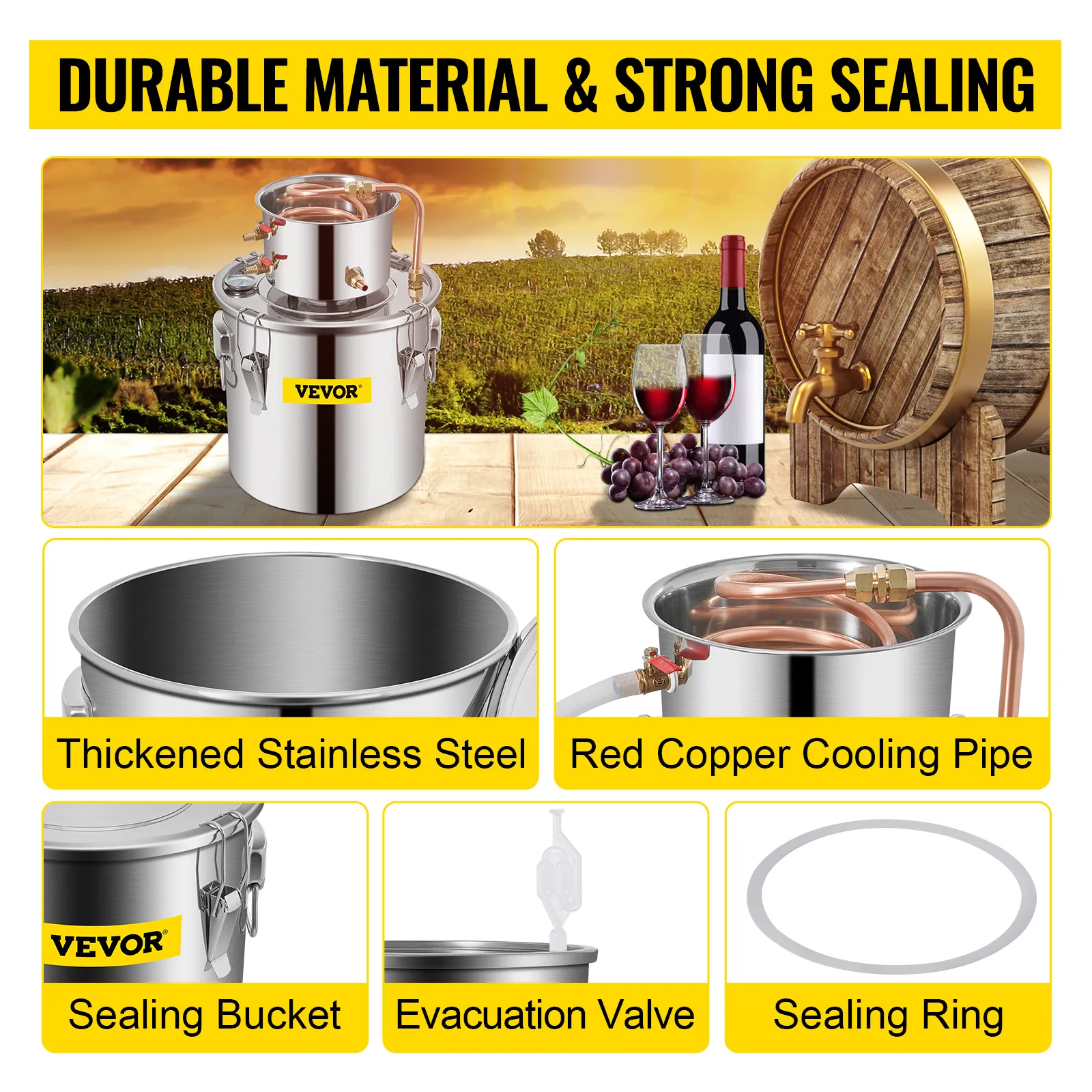 VEVOR water alcohol distiller features durable stainless steel and red copper cooling pipe.