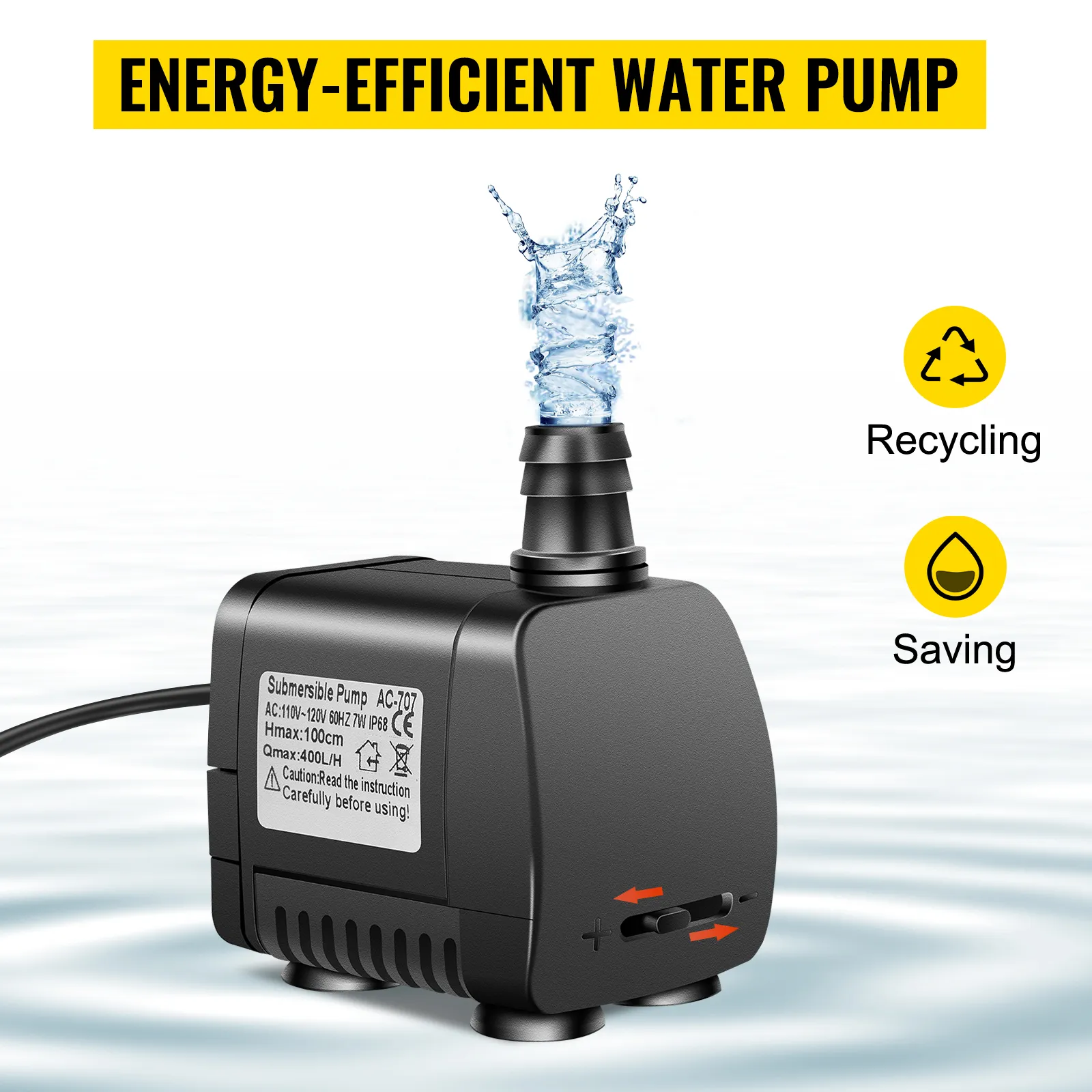 energy-efficient water pump with recycling and saving symbols, splash effect on nozzle.