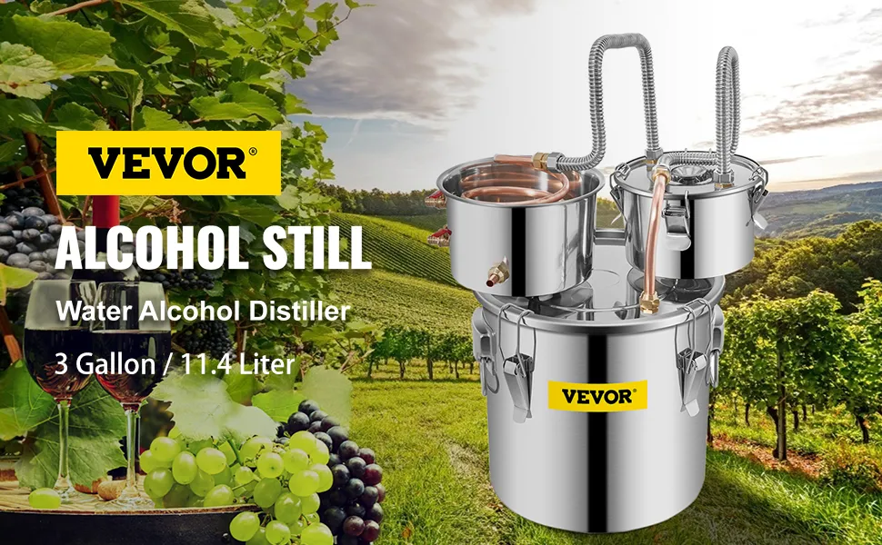 VEVOR alcohol still with vineyard background, wine glasses, and grapes.