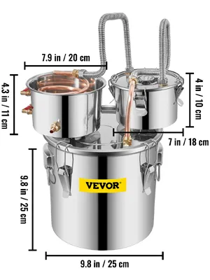 stainless steel VEVOR alcohol still with dimensions labeled, featuring copper coils.