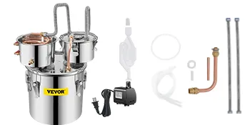 VEVOR alcohol still with distillation components and accessories.