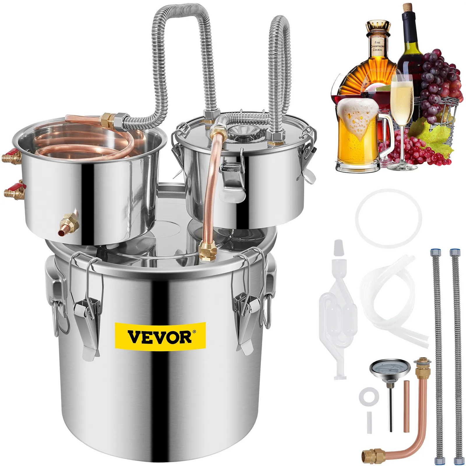 VEVOR alcohol still with accessories, featuring a stainless steel and copper distiller.