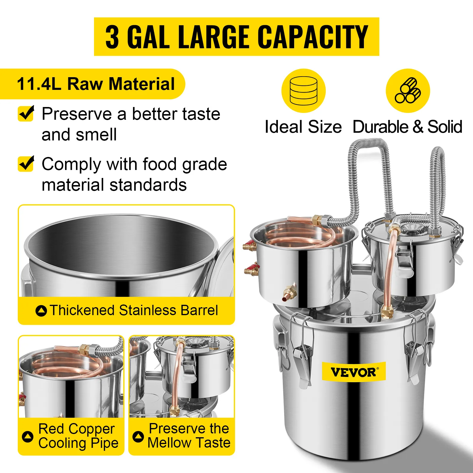 VEVOR alcohol still, 11.4l stainless barrel with red copper cooling pipe, 3-gal capacity.
