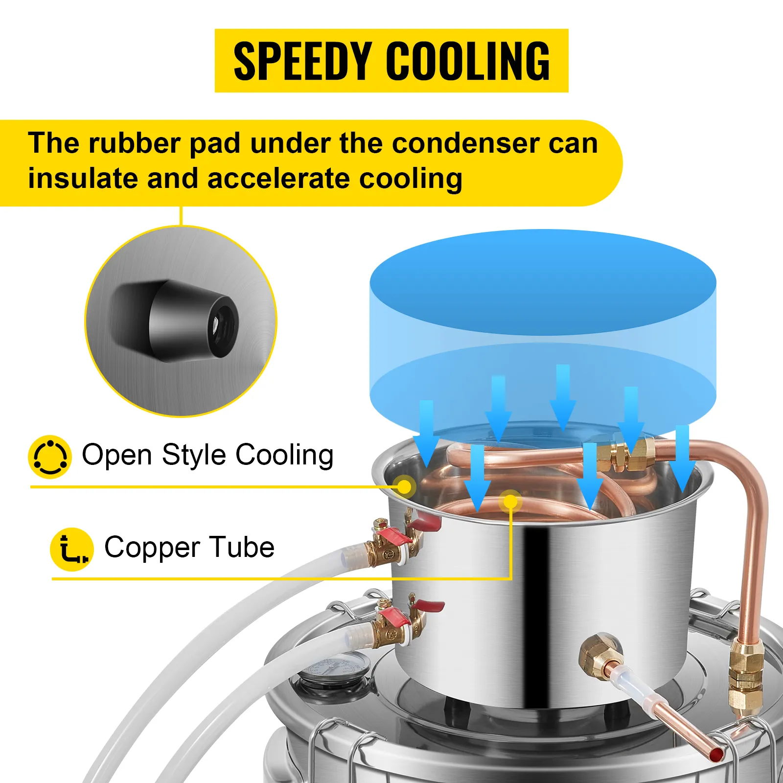 VEVOR alcohol still with open style cooling, copper tubes, and rubber pad for insulation