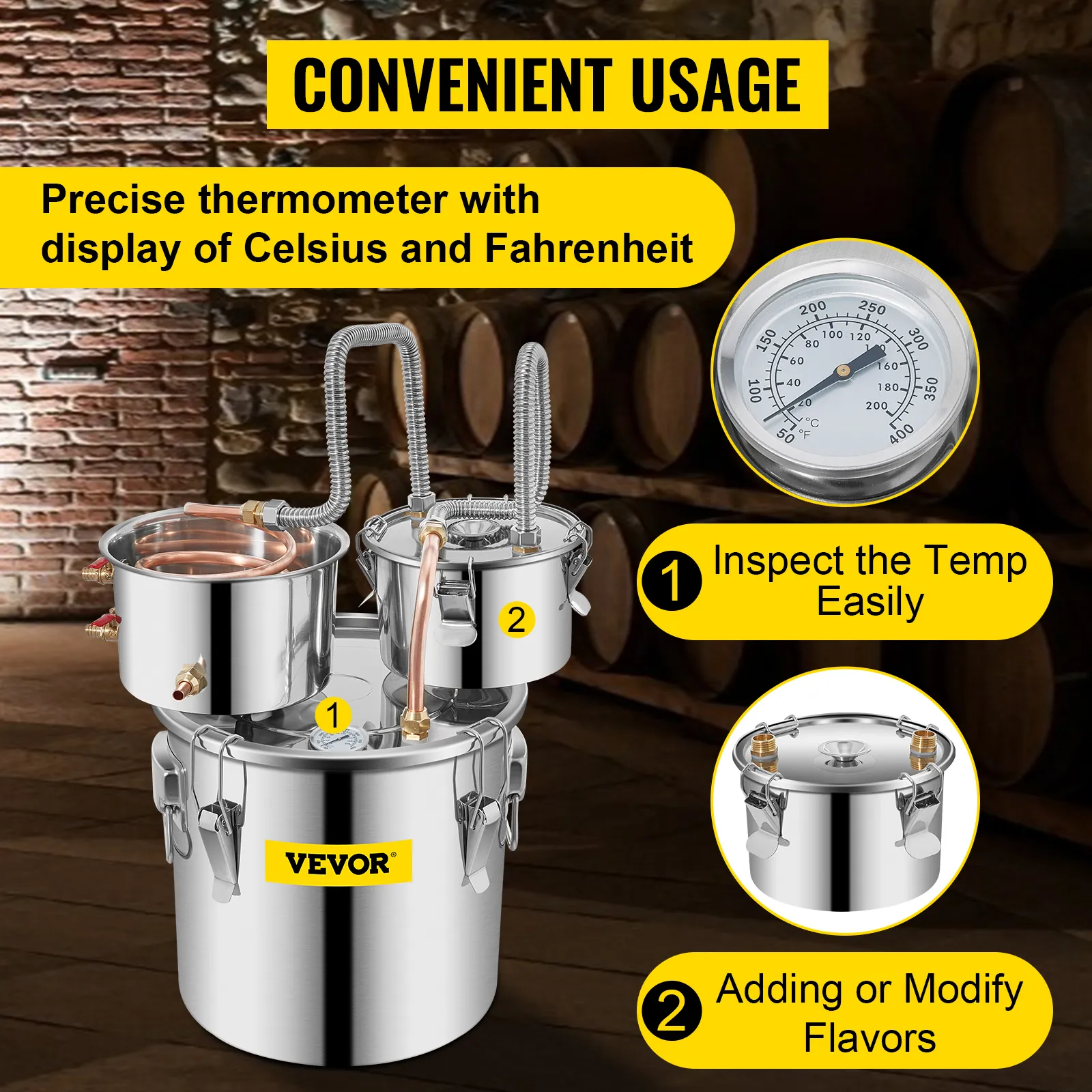 VEVOR alcohol still with thermometer displaying celsius and fahrenheit, barrels in background.