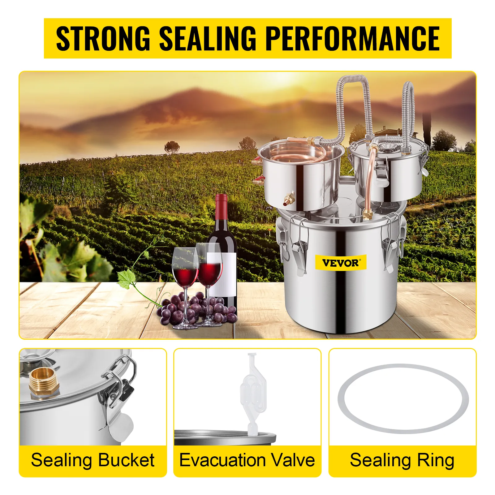 VEVOR alcohol still with sealing bucket, evacuation valve, and sealing ring in a vineyard backdrop.