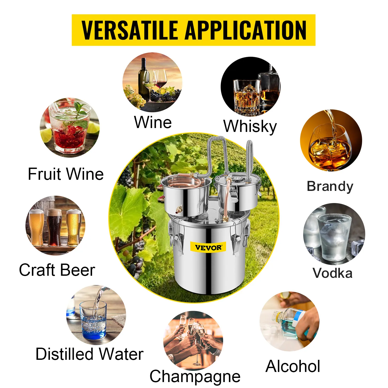 VEVOR alcohol still for wine, whisky, fruit wine, essential oil, craft beer, and distilled water