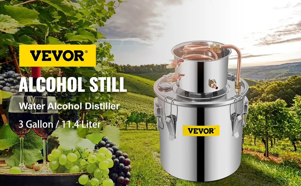 VEVOR distiller kit with 3-gallon capacity in a vineyard background.
