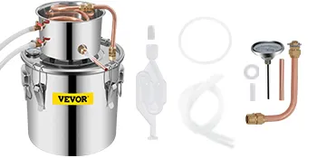 VEVOR distiller kit with stainless steel boiler and copper tubing components.