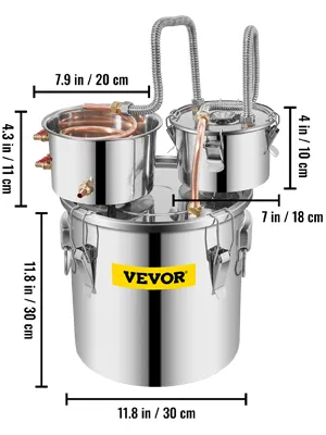 VEVOR alcohol still with measurements, stainless steel body and copper coils.