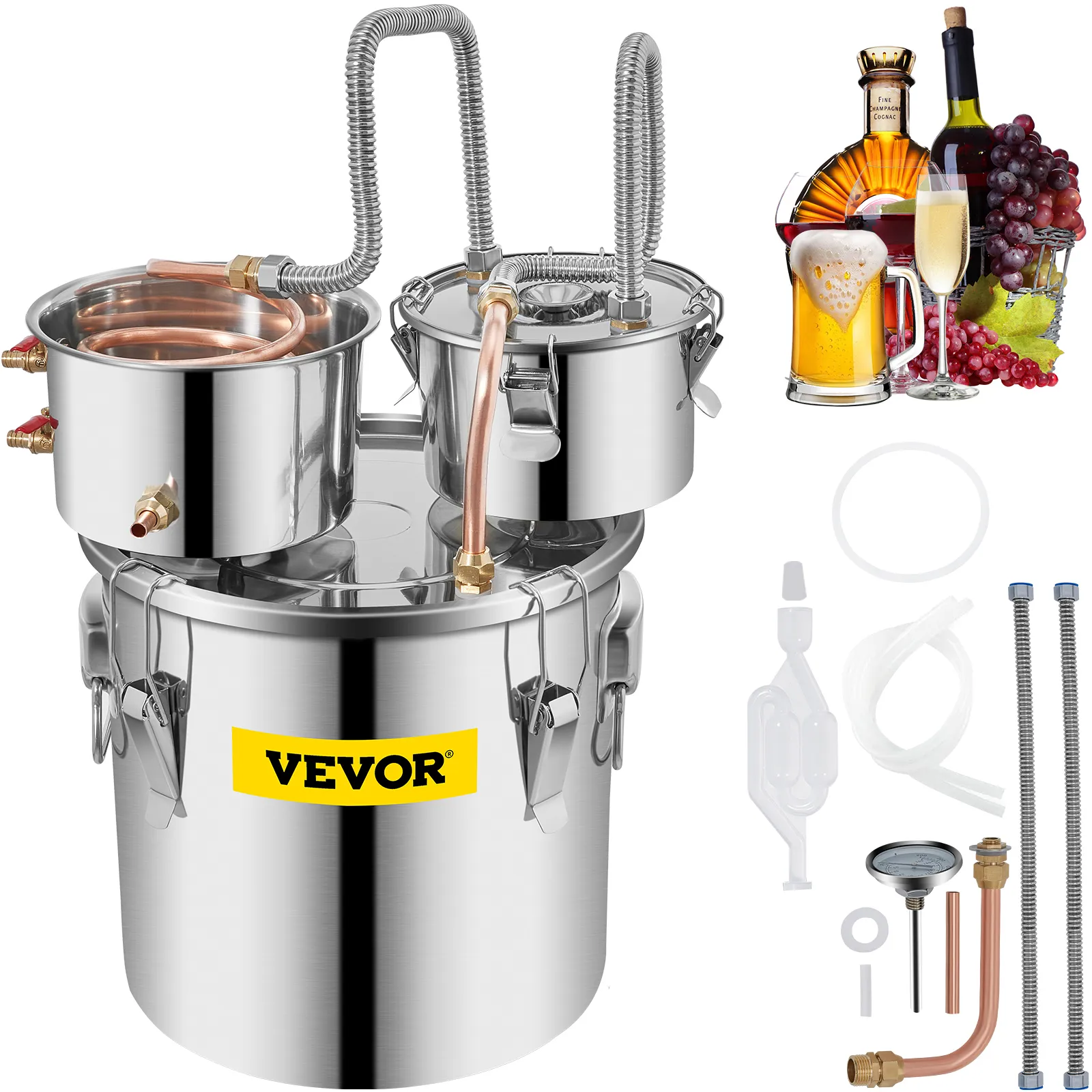 VEVOR alcohol still with stainless steel components, copper tubing, and brewing accessories.
