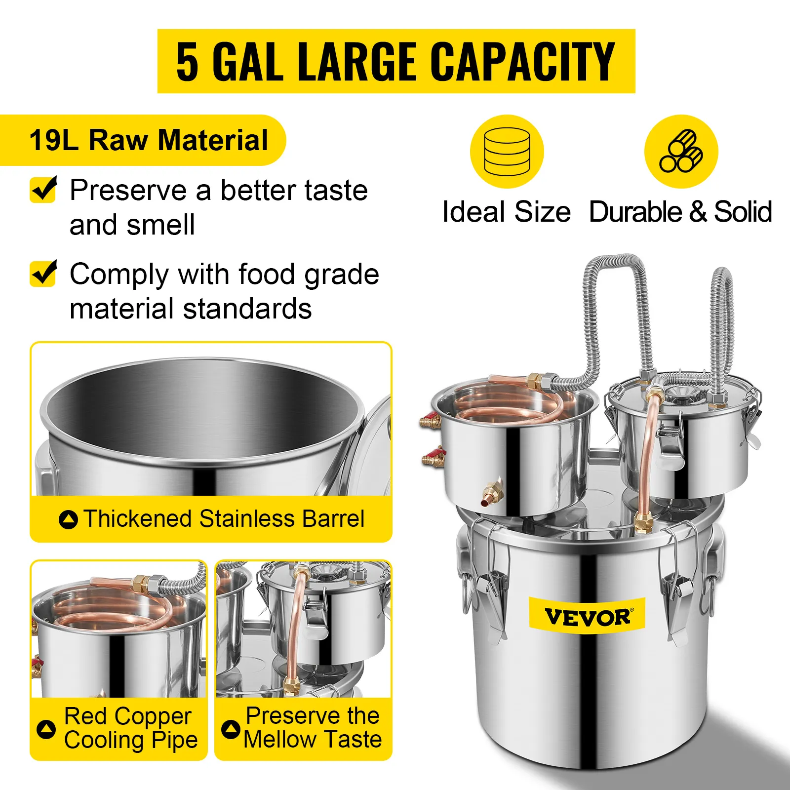 VEVOR alcohol still with 5 gal capacity, stainless barrel, red copper cooling pipe.