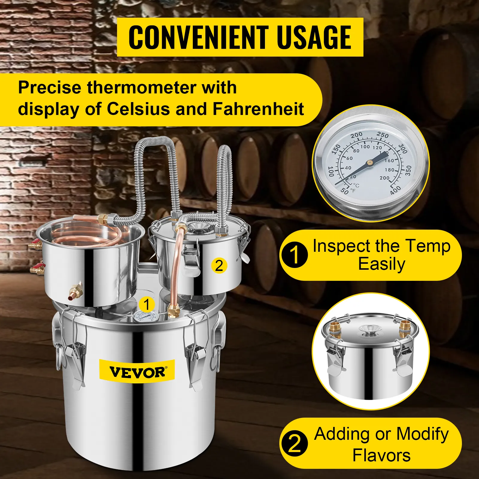 VEVOR alcohol still with thermometer in rustic cask room for easy temp inspection and flavor adjustment.
