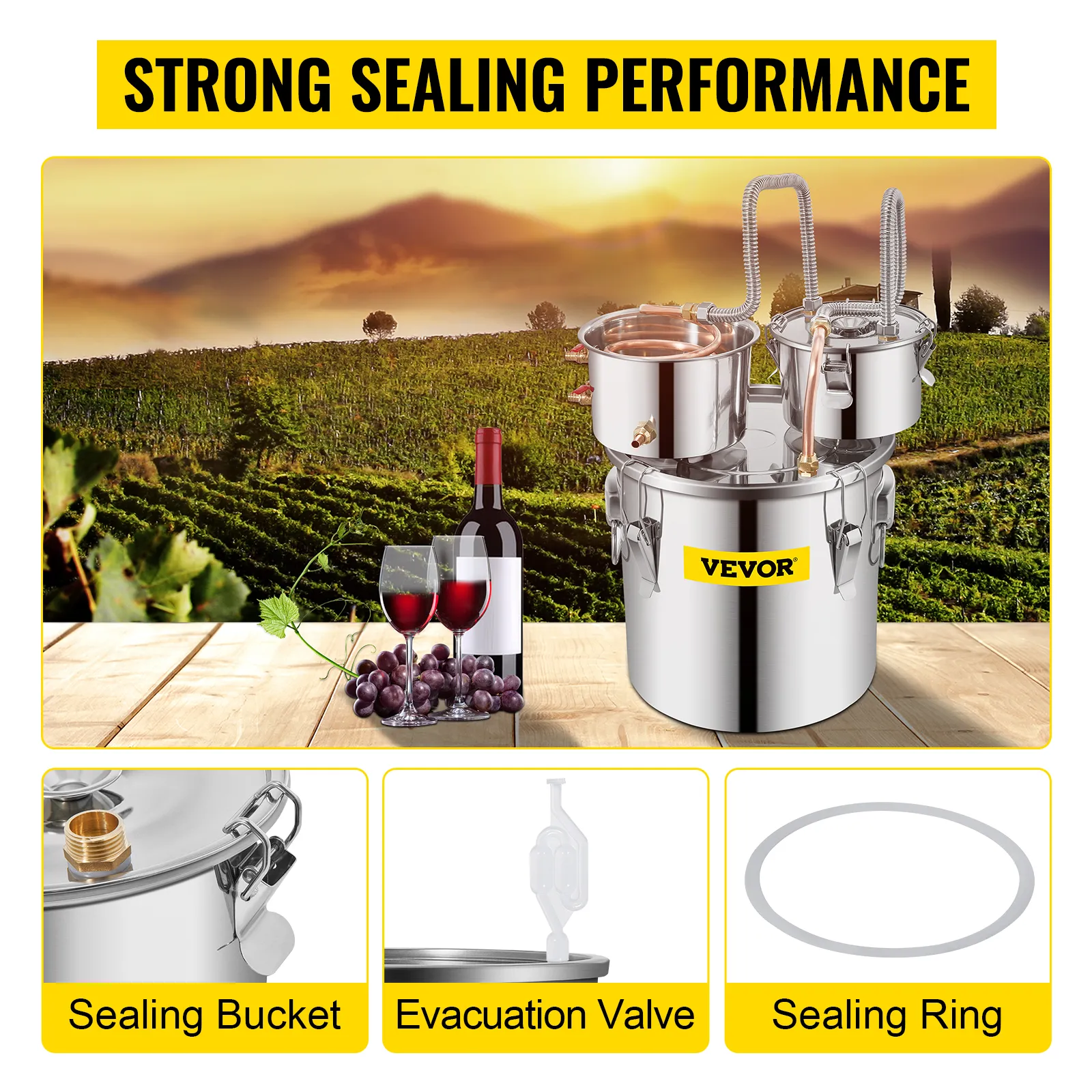VEVOR alcohol still with strong sealing performance, sealing bucket, evacuation valve.