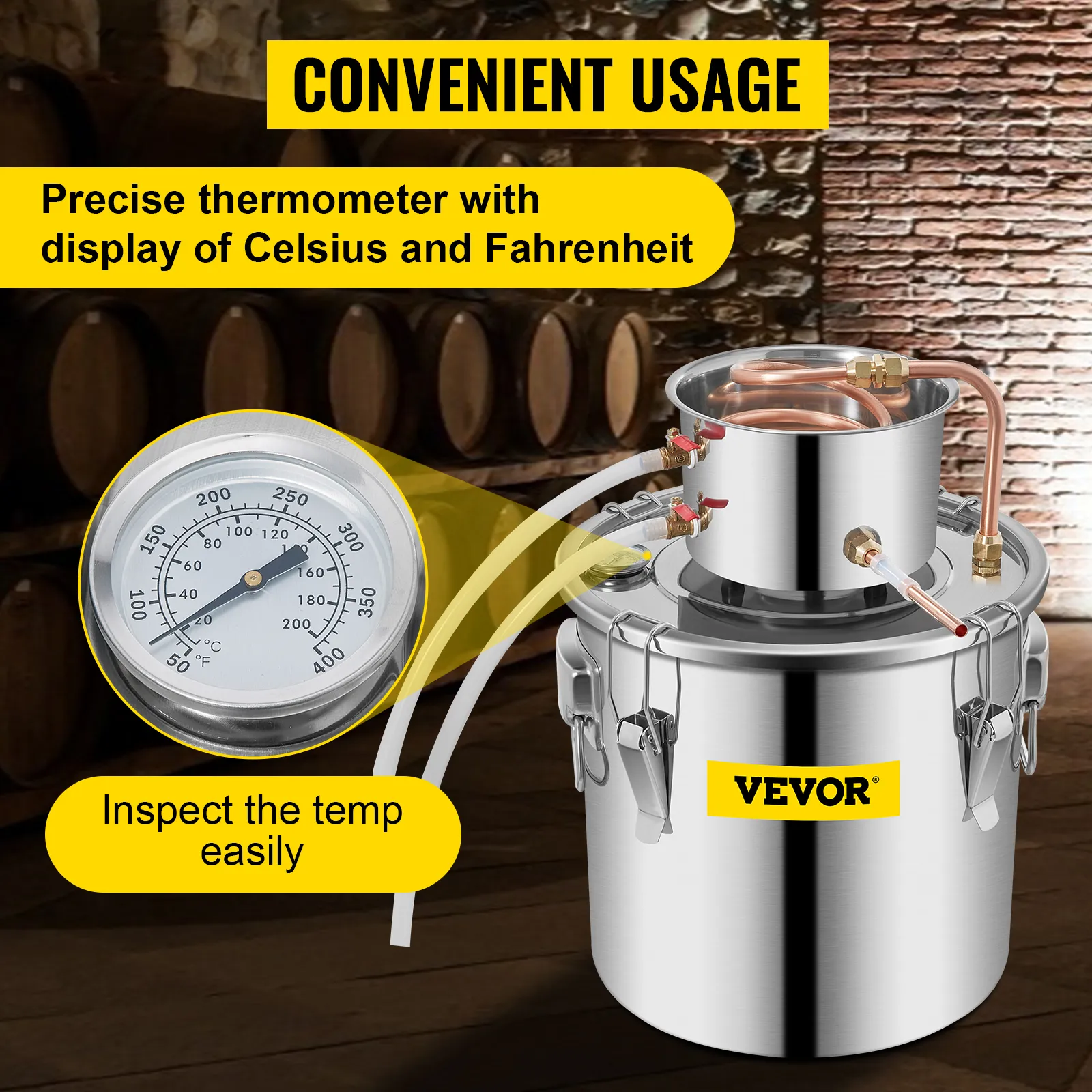 VEVOR moonshine still with precise thermometer for celsius and fahrenheit readings.