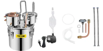 Alambique VEVOR con componentes de acero inoxidable y accesorios incluidos.
