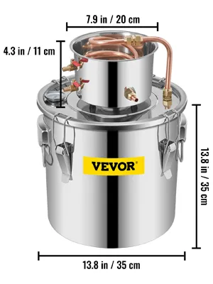 VEVOR alcohol distiller with stainless steel body, measuring 13.8x7.9x4.3 inches.