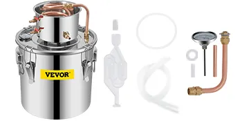 VEVOR alcohol distiller with copper tubing and complementary accessories.