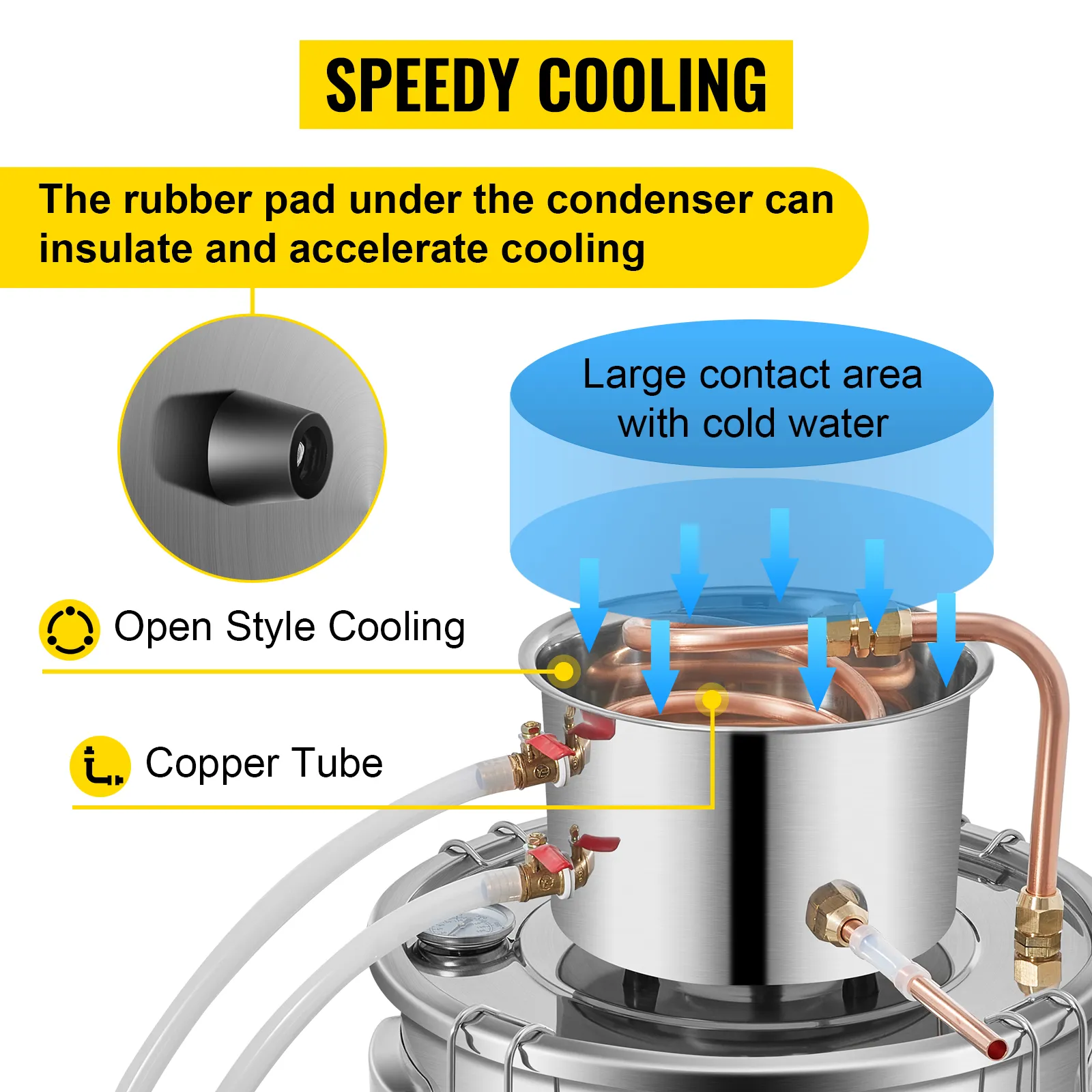 VEVOR alcohol distiller with open style cooling, rubber pad, and copper tube.
