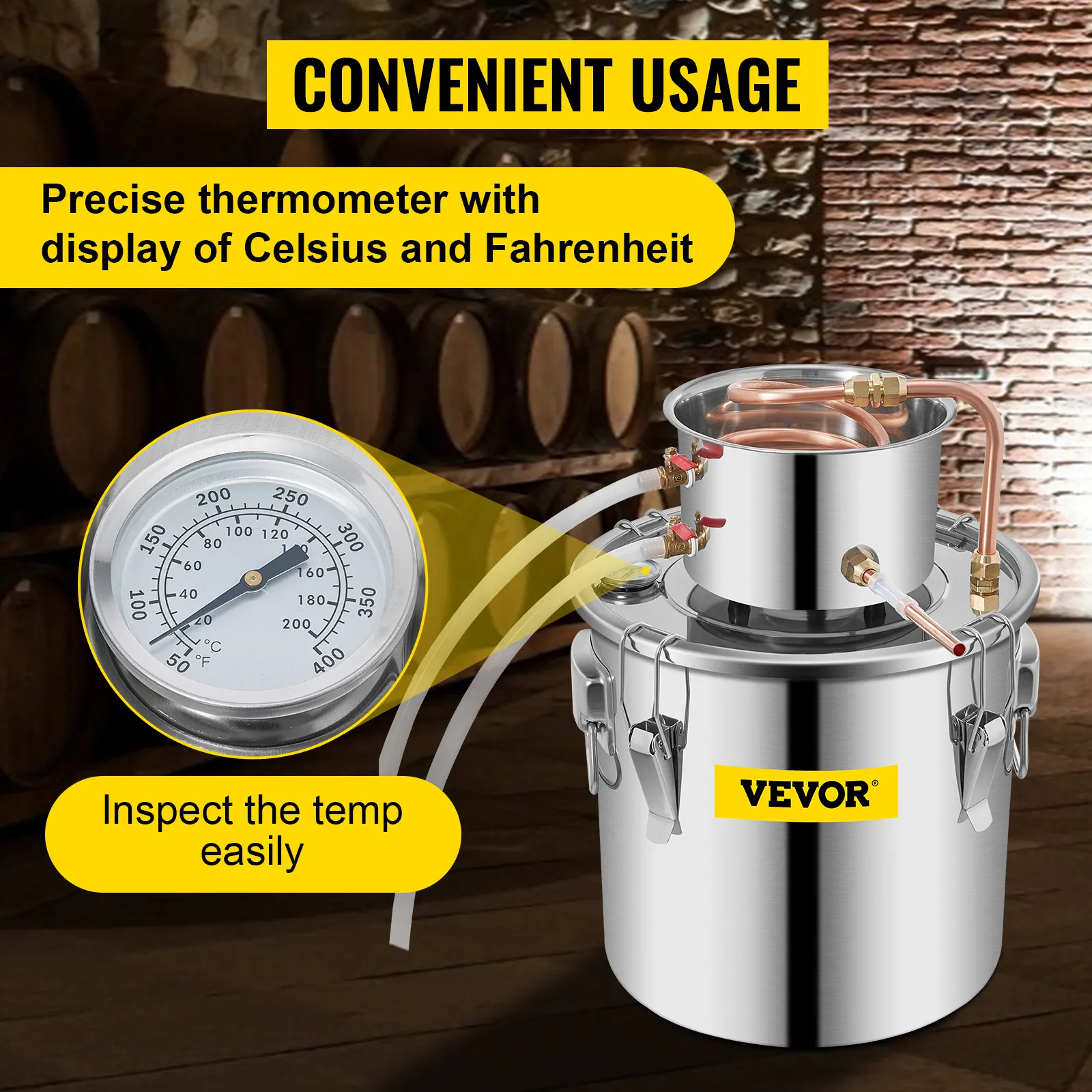 VEVOR alcohol distiller with a precise thermometer, celsius and fahrenheit display.