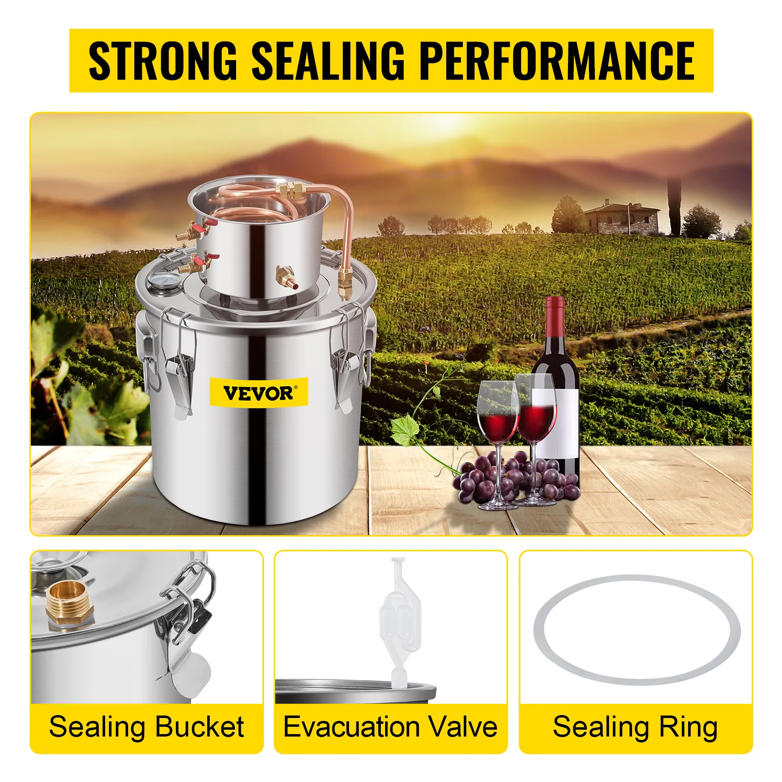VEVOR alcohol distiller with strong sealing performance, wine glasses, and vineyard backdrop.