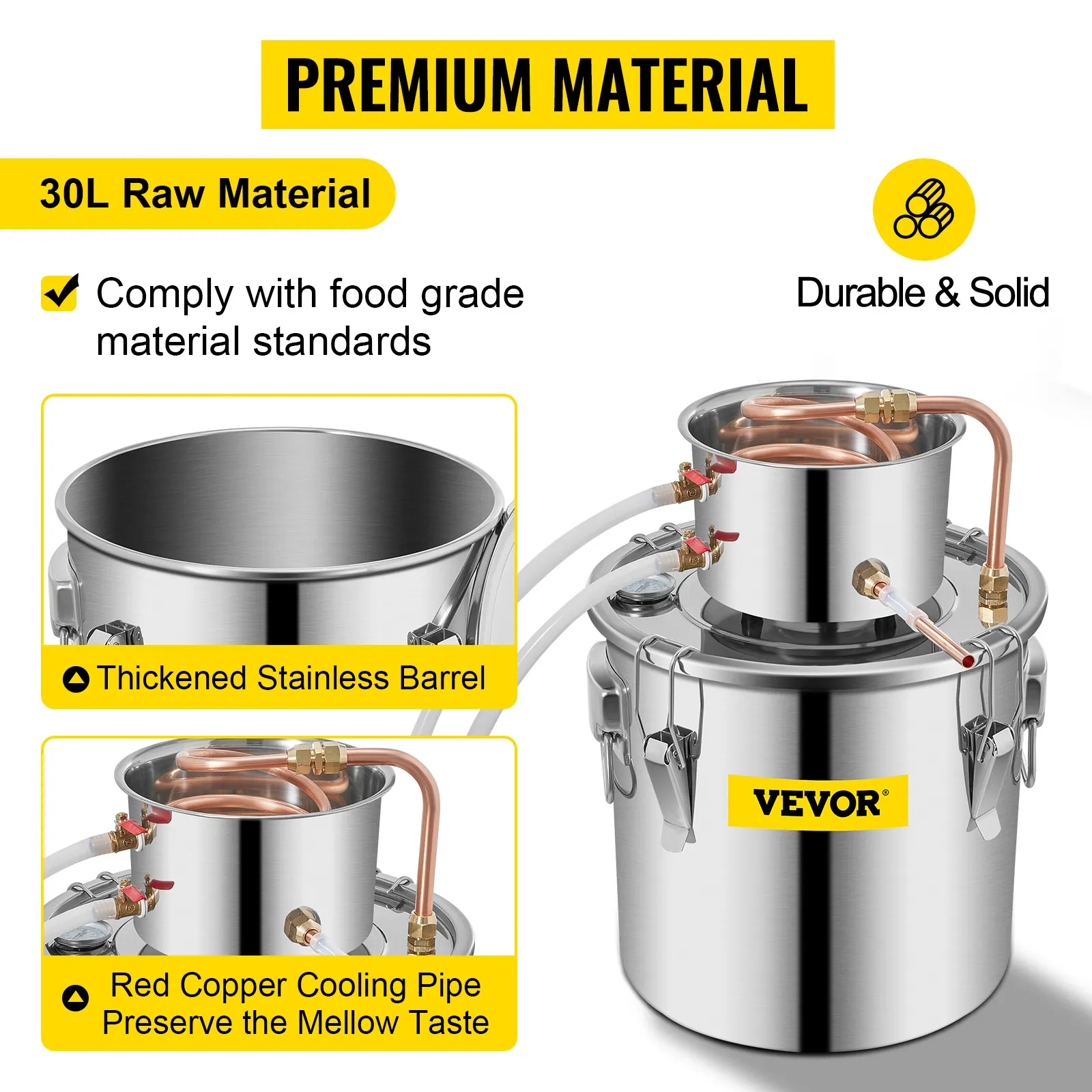 VEVOR alcohol distiller with thickened stainless barrel and red copper cooling pipe.