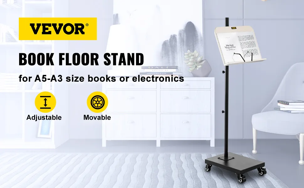 VEVOR reading stand for a5-a3 books and electronics, adjustable and movable, in a modern living room.
