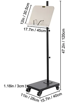 VEVOR reading stand, adjustable height with dimensions, metal base, and wheels.