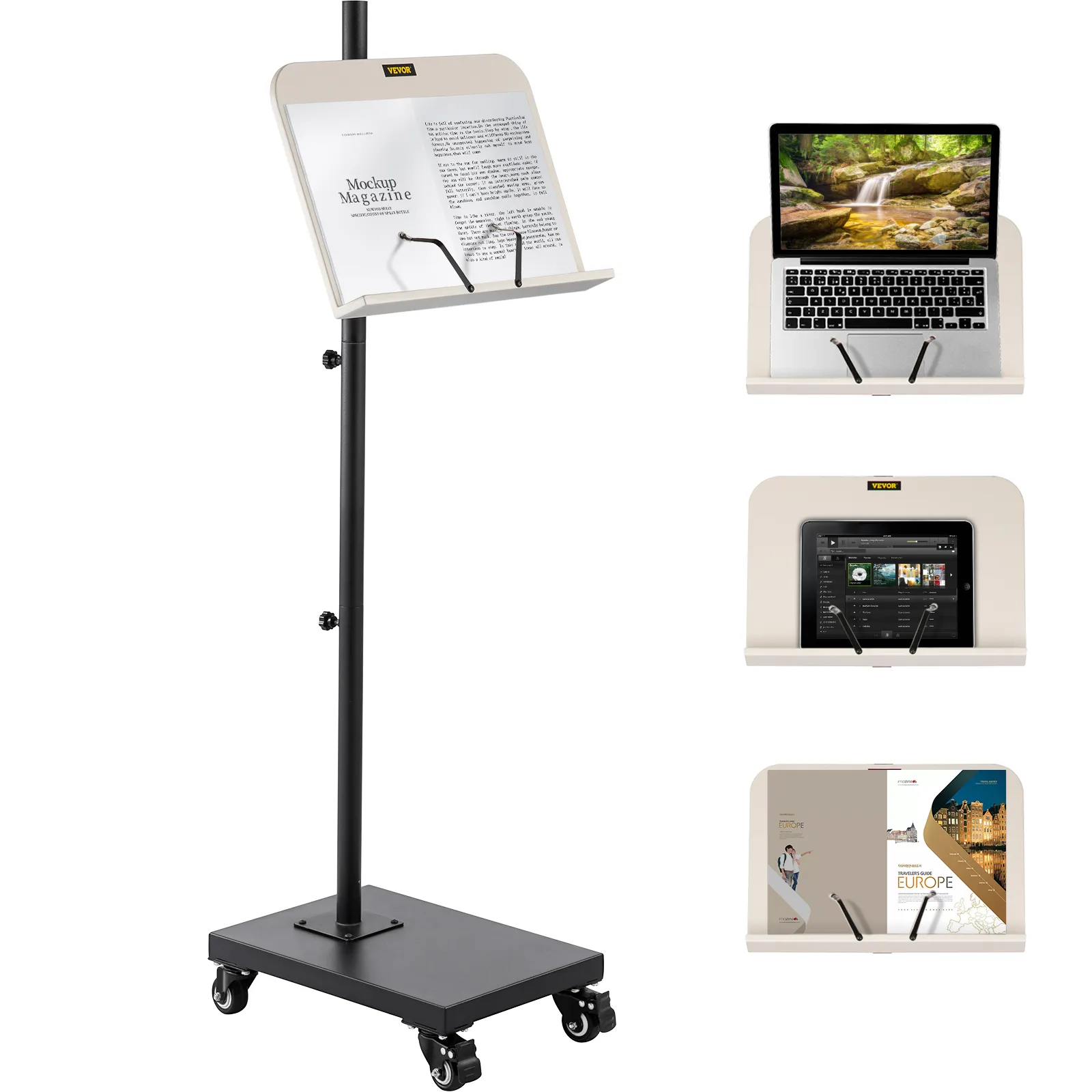 VEVOR reading stand with adjustable height, holding a magazine, laptop, and tablet on wheels.