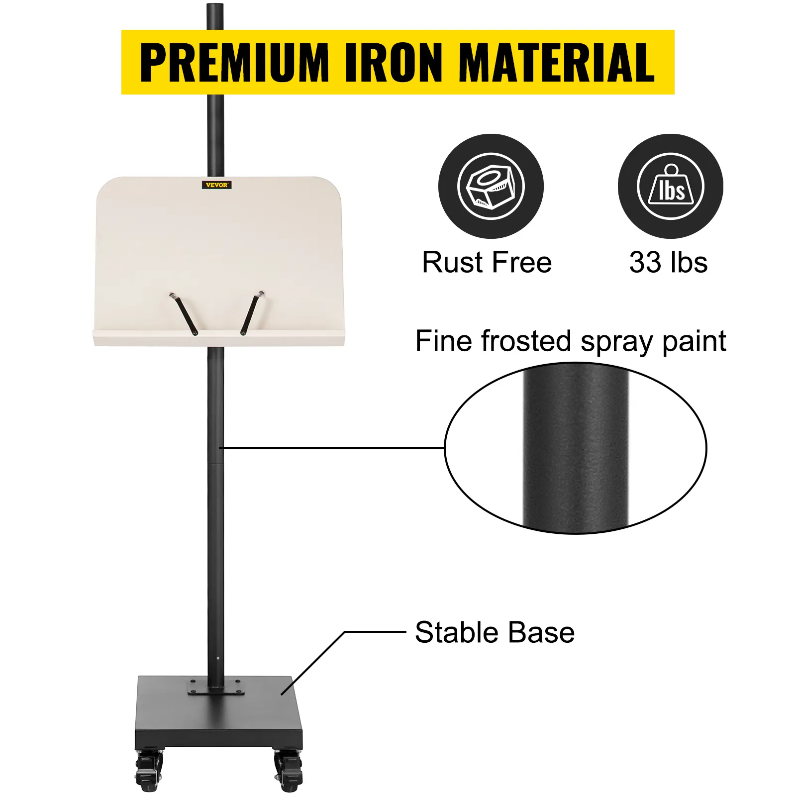 VEVOR reading stand with premium iron material, frosted spray paint, stable base, rust-free, 33 lbs capacity.