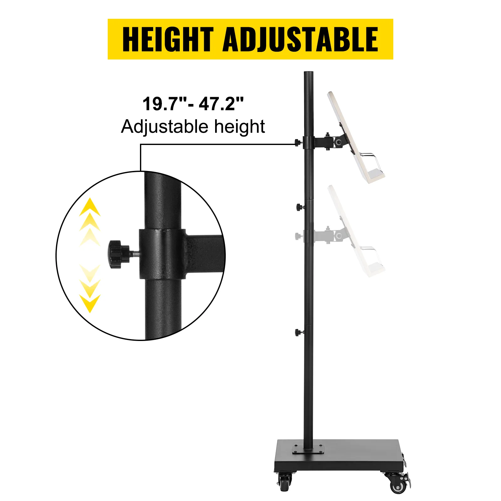 VEVOR reading stand with adjustable height from 19.7 to 47.2 inches, featuring a stable base and casters.