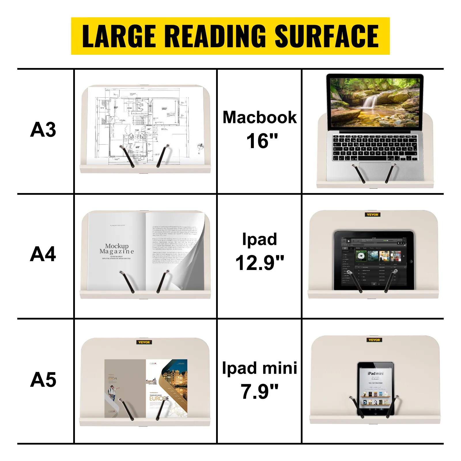VEVOR reading stand showcasing a large surface for macbook 16", ipad 12.9", and ipad mini 7.9".