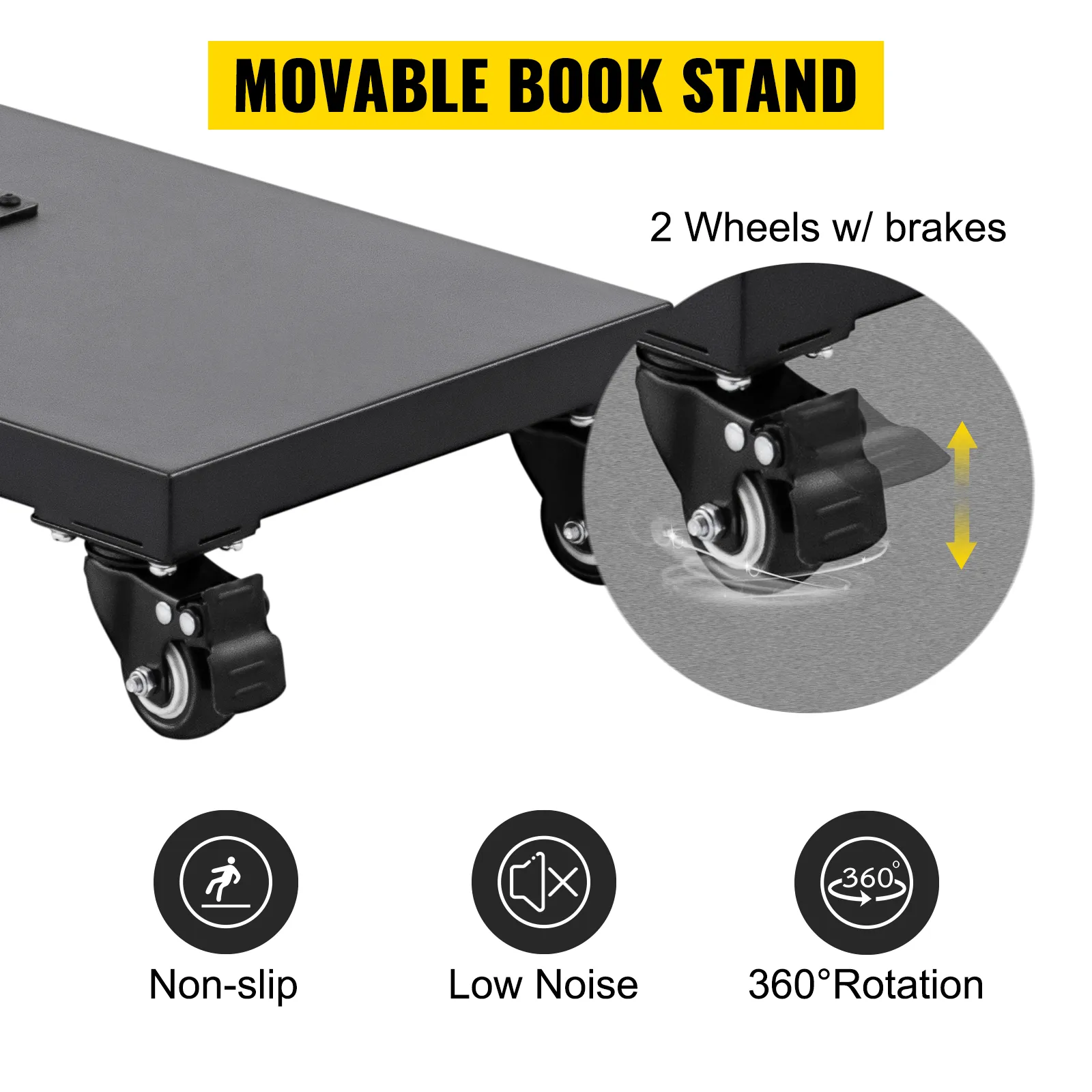 VEVOR reading stand features a movable book stand with 2 wheels, non-slip, low noise, and 360° rotation.